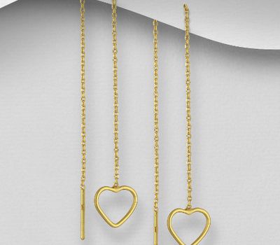 925 Sterling Silver Heart Threader Earrings, Plated with 1 Micron 14K or 18K Yellow Gold