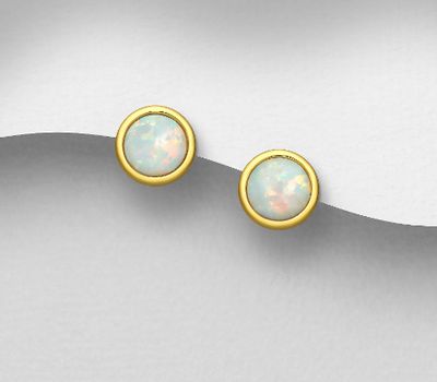 925 Sterling Silver Push-Back Earrings, Decorated with Lab-Created Opal, Plating with 1 Micron 18K Yellow Gold