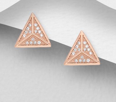 925 Sterling Silver Pyramid Push-back Earrings Decorated with CZ Simulated Diamonds, Plated with 1 Micron Pink Gold