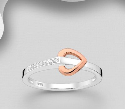 925 Sterling Silver Belt Ring, Heart Buckle Plated with 1 Micron Pink Yellow Gold, Decorated with CZ Simulated Diamonds