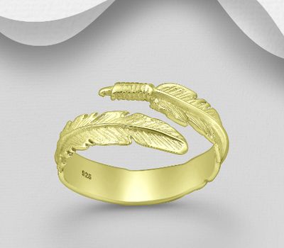 925 Sterling Silver Adjustable Feather Ring, Plating with 14K Yellow Gold and E-Coat