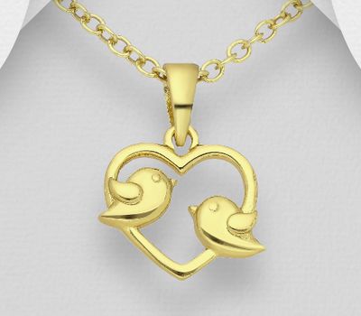 925 Sterling Silver Heart and Bird Pendant, Plated with 1 Micron 14K Yellow Gold