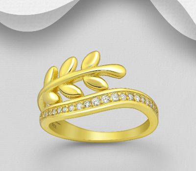 925 Sterling Silver Leaf Ring Decorated with CZ Simulated Diamonds, Plated with 1 Micron 18K Yellow Gold