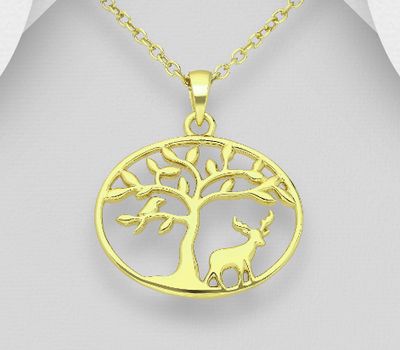 925 Sterling Silver Deer and Tree of Life Pendant Plated with 1 Micron 14K Yellow Gold