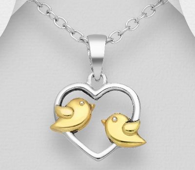 925 Sterling Silver Oxidized Heart Pendant, Birds Plated with 14K Yellow Gold