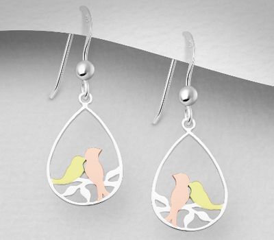 925 Sterling Silver Birds Hook Earrings Plated with 1 Micron 18K Yellow Gold and 1 Micron Pink Gold