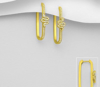 925 Sterling Silver Rectangle Snake Hoop Earrings, Decorated with CZ Simulated Diamonds, Plated with 1 Micron 14K or 18K Yellow Gold