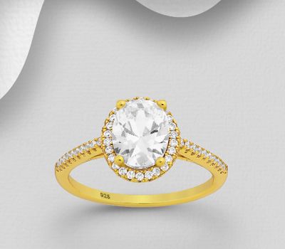 925 Sterling Silver Halo Ring Decorated with CZ Simulated Diamonds, Plated with 1 Micron 18K Yellow Gold