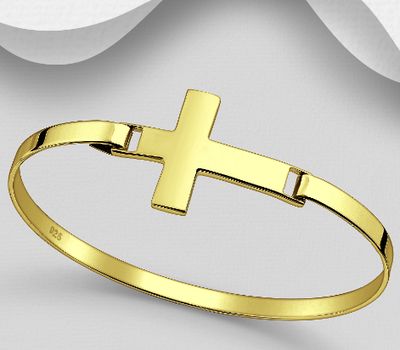 925 Sterling Silver Cross Bangle ,Plated with 1 Micron 14K or 18K Yellow Gold