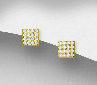 925 Sterling Silver Square Push-Back Earrings, Decorated with CZ Simulated Diamond and Plated with 1 Micron 14K or 18K Yellow Gold