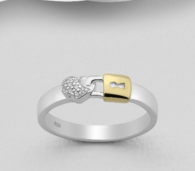 925 Sterling Silver Heart and Lock Ring Decorated with CZ Simulated Diamonds, Lock Plated with 1 Micron 18K Yellow Gold