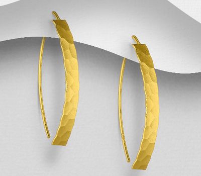 925 Sterling Silver Curved Bar Hammered Hook Earrings Plated with 1 Micron 18K Yellow Gold