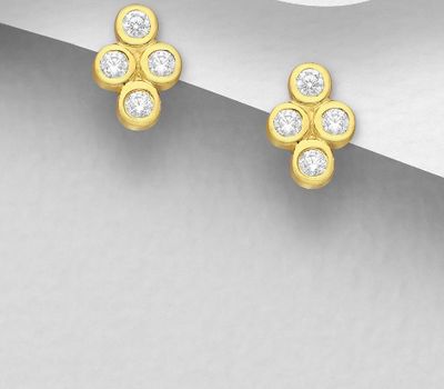 925 Sterling Silver Push-Back Earrings, Decorated with CZ Simulated Diamonds, Plated with 1 Micron 14K or 18K Yellow Gold