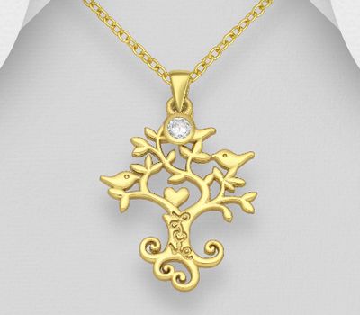 925 Sterling Silver Tree , Bird and Heart Pendant, Decorated With CZ Simulated Diamond, Plated with1 Micron 14K Yellow Gold