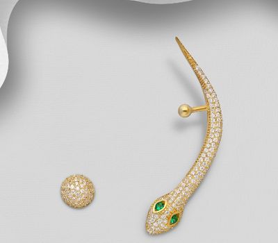 925 Sterling Silver Snake Push-Back Earrings Decorated with CZ Simulated Diamonds, Plated with 1 Micron 18K Yellow Gold