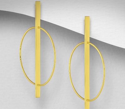 925 Sterling Silver Bar and Circle Push-Back Earrings, Plated with 1 Micron 14K or 18K Yellow Gold