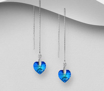 Sparkle by 7K - 925 Sterling Silver Heart Threader Earrings Decorated with Fine Austrian Crystal