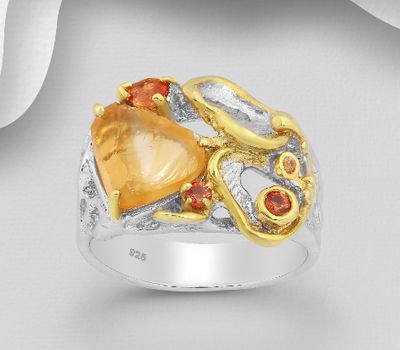 ADIORE JEWELS - 925 Sterling Silver Ring, Decorated with Citrine and Orange Sapphires, Plated with 3 Micron 22K Yellow Gold and White Rhodium