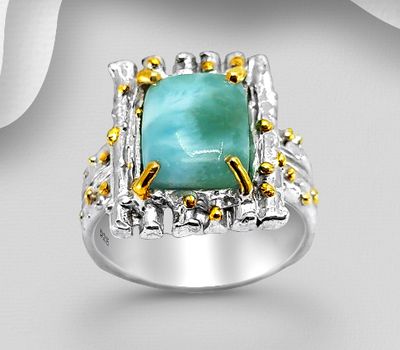 ADIORE JEWELS - 925 Sterling Silver Ring, Decorated with Larimar, Decorated with 3 Micron 22K Yellow Gold