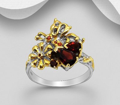 ADIORE JEWELS - 925 Sterling Silver Ring, Decorated with Orange Sapphires and Garnets, Plated with 3 Micron 22K Yellow Gold and White Rhodium