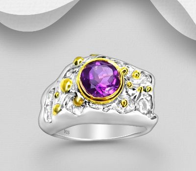 ADIORE JEWELS - 925 Sterling Silver Ring, Decorated with Amethyst, Plated with 3 Micron 22K Yellow Gold