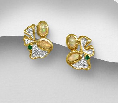 ADIORE JEWELS - 925 Sterling Silver Push-Back Earrings, Decorated with Emerald and Ethiopian Opal, Plated with 3 Micron 22K Yellow Gold