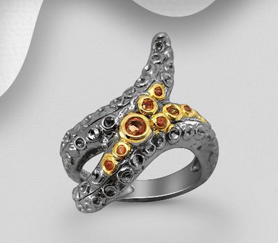 ADIORE JEWELS - 925 Sterling Silver Ring, Decorated with Orange Sapphire, Plated with 3 Micron 22K Yellow Gold and Grey Ruthenium