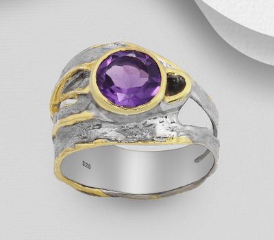 ADIORE JEWELS - 925 Sterling Silver Ring Decorated with Amethyst, Plated with 3 Micron 22K Yellow Gold and Grey Ruthenium