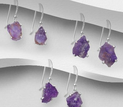 JEWELLED - 925 Sterling Silver Hook Earrings, Decorated with Amethyst. Handmade. Design, Shape and Size Will Vary.