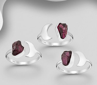 JEWELLED - 925 Sterling Silver Crescent Moon Ring, Decorated with Rhodolite. Handmade. Design, Shape and Size Will Vary.