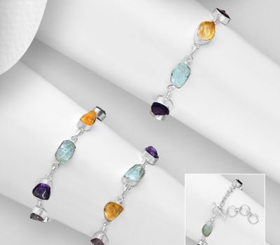 JEWELLEd - 925 Sterling Silver Bracelet, Decorated with Amethyst, Aquamarine, Citrine and Rhodolite. Handmade. Design, Shape and Size Will Vary.