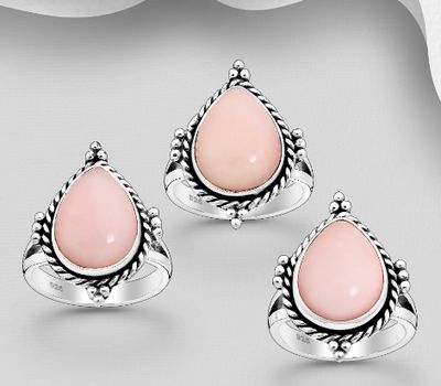 JEWELLED - 925 Sterling Silver Oxidized Ring Decorated with Pink Opal. Handmade. Design, Shape and Size Will Vary.