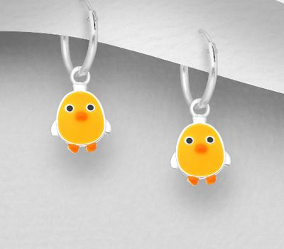 925 Sterling Silver Chicken Hoop Earrings, Decorated with Colored Enamel