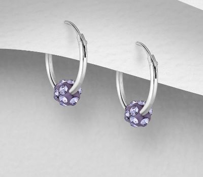 925 Sterling Silver Hoop Earrings, Decorated with Various Color Crystal Glass
