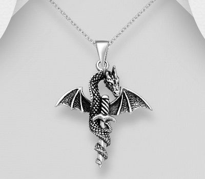 925 Sterling Silver Oxidized Dragon and Sword Pendant