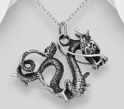 925 Sterling Silver Oxidized Dragon Pendant