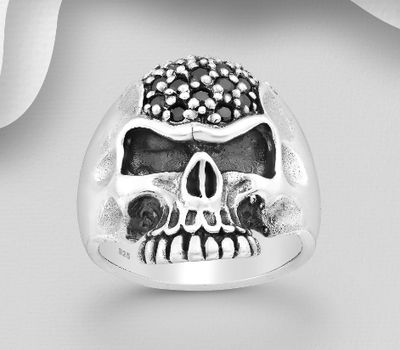 925 Sterling Silver Oxidized Skull Ring, Decorated with Various Color CZ Simulated Diamonds