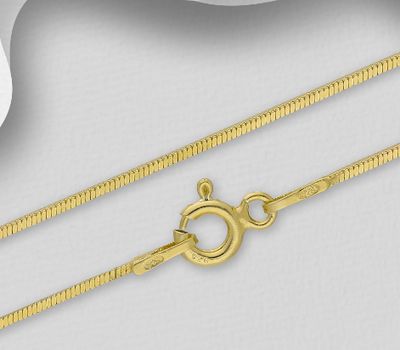 ITALIAN DELIGHT - 925 Sterling Silver Snake Chain, Plated with 0.5 Micron 18K Yellow Gold, 0.8 mm Wide, Made in Italy.
