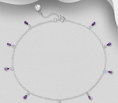 925 Sterling Silver Bell and Drop Anklet, Decorated with Various Color CZ Simulated Diamonds