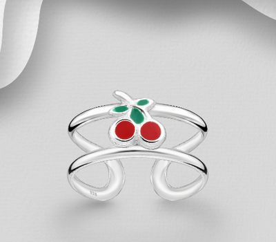 925 Sterling Silver Adjustable Cherry Toe Ring, Decorated with Colored Enamel