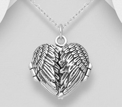 925 Sterling Silver Heart Shape Angel Wings Locket Pendant, Engraved with 