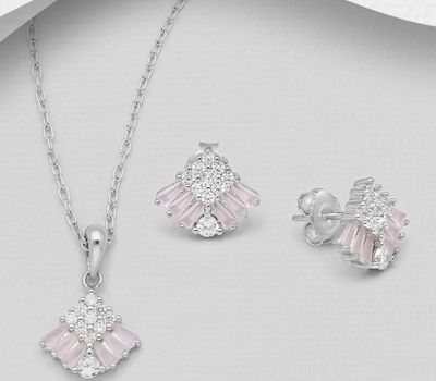 925 Sterling Silver Set of Push-Back Earrings and Pendant Decorated CZ Simulated Diamonds
