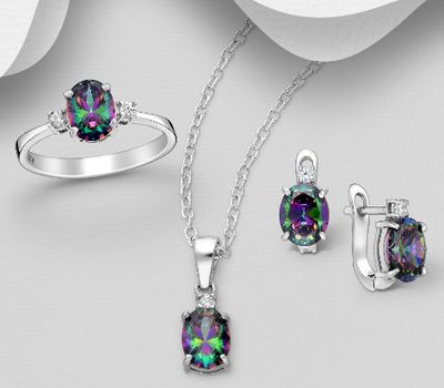 925 Sterling Silver Set of Omega Lock Earrings,  Pendant and Ring Decorated with Lab-Created Mystic Topaz