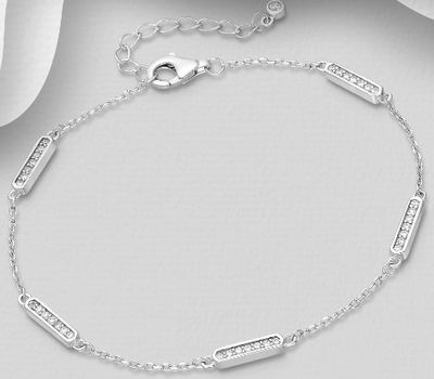 925 Sterling Silver Bar Bracelet, Decorated with CZ Simulated Diamonds