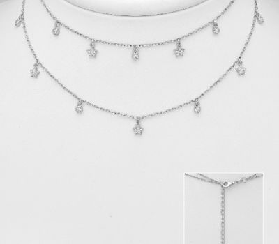 925 Sterling Silver Star Choker, Decorated with CZ Simulated Diamonds