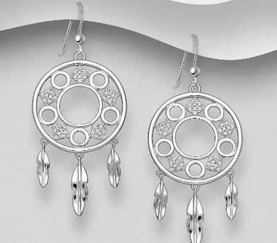 925 Sterling Silver Dream Catcher Hook Earrings, Decorated with CZ Simulated Diamonds
