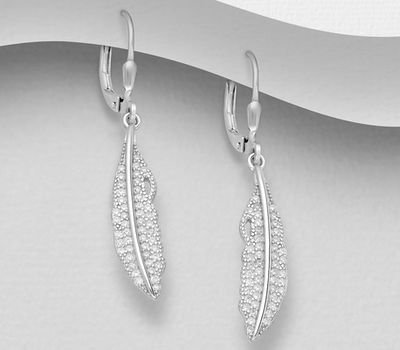 925 Sterling Silver Feather Lever Back Earrings, Decorated with CZ Simulated Diamonds