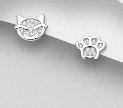 925 Sterling Silver Cat and Paw Push-Back Earrings, Decorated with CZ Simulated Diamonds