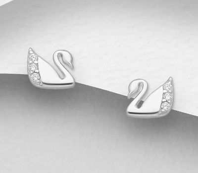 925 Sterling Silver Swan Push-Back Earrings, Decorated with CZ Simulated Diamonds