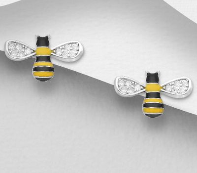 925 Sterling Silver Bee Push-Back Earrings Decorated with CZ Simulated Diamonds and Colored Enamel